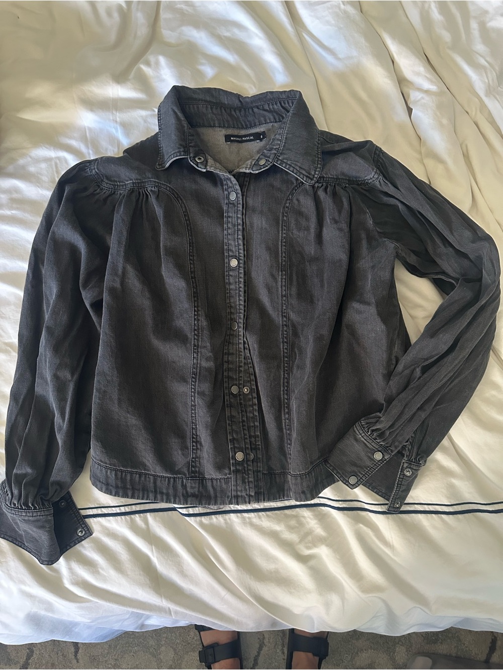Magali Pascal Alexia Black Denim Ruffle Puff Sleeve Blouse M